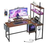 Garvee Escritorios de oficina en L - 48.8x40 Pulgadas, Elevador Ajustable, Almacenamiento, Adaptador de Alimentación Integrado, Luz LED Decorativa, Escritorio para Ordenador Profesional, Color Vintage