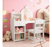 Garvee Espejo De Princesa Iluminado para Niños - Tocador De Madera 2 En 1 con Silla, Cajón y Estantes Abiertos - Tocador para Juegos De Simulación De Niñas