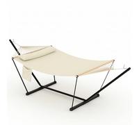Garvee Hamaca con Soporte de Acero Robusto en T, Cama Colgante Antivuelco con Barras de Madera para un Descanso Cómodo y Seguro en Balcón, Jardín, Patio o Terraza al Aire Libre, 365 cm, Beige