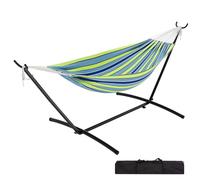 Garvee Hamaca Doble con Soporte de Acero, Cama Colgante de Algodón y Poliéster para 2 Personas, Carga 225kg, Bolsa Transporte Jardín, Terraza, Patio y Exterior, Tela 200x150cm, Rayas Azules y Verdes
