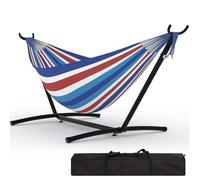 Garvee Hamaca Portátil para 2 Personas Resistente 450 Libras con Soporte Plegable - Ideal para Jardín, Playa y Camping Exterior - Rayas Azules, Blancas y Rojas