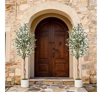 Garvee Juego de 2 árboles de olivo artificiales de 213,36 cm, olivo artificial con tronco de madera auténtica y frutas realistas, plantas artificiales altas para interior con maceta blanca, decoración