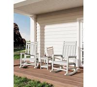 Garvee Juego de 2 Mecedoras de Exterior de HDPE con Mesa Auxiliar para Adultos, Sillones Mecedores de Respaldo Alto Estilo Adirondack, Muebles de Patio Resistentes, Acabado Efecto Madera, Blanco