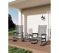 Garvee Juego de 2 Mecedoras de Exterior de HDPE con Mesa Auxiliar para Adultos, Sillones Mecedores de Respaldo Alto Estilo Adirondack, Muebles de Patio Resistentes, Acabado Efecto Madera, Gris