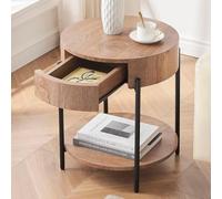 Garvee Mesa Auxiliar Redonda con cajón y Estante - Estilo contemporáneo - Madera y Patas metálicas salón y Dormitorio - Color Annual Ring diseño