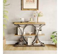 Garvee Mesa Consola de 100 x 30 x 80 cm, Mesa de Entrada Industrial de 3 Niveles con Marco metálico en círculo, Mesa Auxiliar con estantes de Madera, para Entrada, Pasillo, Sala, Gris