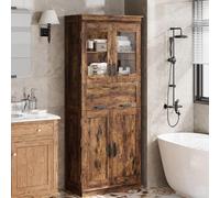 Garvee Mueble de Baño con 4 Puertas 170cm, Cajón De Cristal Abatible y Estantes Ajustables. Organizador Independiente para Cocina y Sala De Estar - Marrón