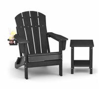 Garvee Silla Adirondack Plegable de HDPE, Acabado Textura Madera con Portavasos, Resistente a la Intemperie y Rayos UV, Ideal para Patio, Jardín, Terraza y Fogatas, 1 Silla y Mesa, Negro