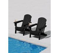 Garvee Silla Adirondack Plegable de HDPE, Acabado Textura Madera con Portavasos, Resistente a la Intemperie y Rayos UV, Ideal para Patio, Jardín, Terraza y Fogatas, 4 Sillas, Negro