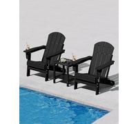 Garvee Silla Adirondack Plegable de HDPE, Acabado Textura Madera con Portavasos, Resistente a la Intemperie y Rayos UV, Ideal para Patio, Jardín, Terraza y Fogatas, 4 Sillas y 2 Mesas, Negro