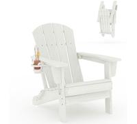 Garvee Silla Adirondack Plegable de HDPE Respaldo 4 Lamas，Veta Madera con Portavasos，72,5×88×85,5 cm，Antigolpes Rayos UV Agua y Salitre，Uso Exterior Jardín Terraza Piscina Porche，Blanco 1 Silla