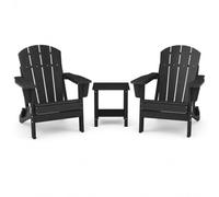 Garvee Silla Adirondack Plegable de HDPE Respaldo 4 Lamas，Veta Madera con Portavasos，72,5×88×85,5 cm，Antigolpes Rayos UV Agua y Salitre，Uso Exterior Jardín Terraza Piscina Porche，Negro Pack 2+1