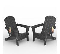 Garvee Silla Adirondack Plegable de HDPE Respaldo 4 Lamas，Veta Madera con Portavasos，72,5×88×85,5 cm，Antigolpes Rayos UV Agua y Salitre，Uso Exterior Jardín Terraza Piscina Porche，Negro Pack 2