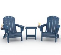 Garvee Silla Adirondack Plegable de HDPE Respaldo 4 Lamas，Veta Madera con Portavasos，72,5×88×85,5 cm，Antigolpes Rayos UV Agua y Salitre，Uso Exterior Jardín Terraza Piscina Porche，Azul Marino Pack 2+1