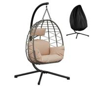 Garvee Silla Colgante de Huevo Plegable Vertical con Soporte de Acero Robusto, Cojines Impermeables y Funda Protectora para Jardín Terraza Balcón y Salón, Capacidad 150kg, Ratán Gris y Cojín Gris