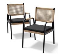Garvee - Silla de jardín cómoda, ratán trenzado y cojines incluidos, marco de metal resistente, juego de 2, resistente a la intemperie, perfecta para terraza, balcón, jardín o piscina, color negro
