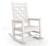 Garvee Silla Mecedora de Exterior HDPE con Veta Madera, Sillón Balancín para Jardín Ergonómico con Respaldo Cuadrado y Rejilla, Butaca de Terraza Resistente a Intemperie y UV, 73x85x95 cm, Blanco