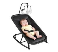 Garvee Silla Mecedora para Bebé 0-12 Meses - Hamaca Infantil Plegable con Respaldo 3 Posiciones, Barra de Juegos, Arnés 5 Puntos, Funda Desmontable, Estructura Aluminio Ligera - Negro