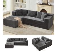 Garvee Sofá modular de pana en forma de L, no requiere montaje, sofá modular de asiento profundo con almohadas, para sala de estar, gris