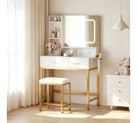 Garvee Tocador con iluminación LED y enchufe, tocador con espejo y taburete, mesa cosmética con 4 cajones, secador de pelo, 3 modos de luz regulable, para dormitorio, color blanco y dorado