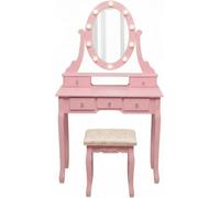 Garvee Tocador Contemporáneo con Espejo Ovalado y Luces LED. Cinco Cajones Espaciosos. Incluye Taburete. Iluminación De 3 Colores. Ideal para Dormitorio De Mujeres, Niñas y Niños