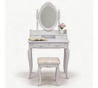 Garvee Tocador De Maquillaje con Espejo Y Taburete, Estilo Europeo, 4 Cajones Y 1 Estante Abierto, Mesa Tocador para Dormitorio, Organizador De Cosméticos, 75 x 40 x 140 cm, Blanco, MDF (Sin Luces)