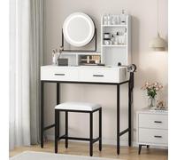 Garvee Tocador Moderno con Espejo Giratorio 360°, Iluminación LED Regulable En 3 Niveles, 2 Cajones, 5 Estantes Abiertos, Taburete Cómodo, Puertos USB Integrados - Mueble Funcional para Dormitorio