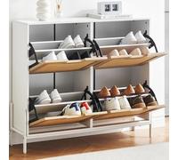 Garvee Zapatero Abatible - Zapatero Entrada Recibidor Estrecho, con Puertas de Rattán Natural y 4 Cajones, Zapatero con 8 estantes, Patas de Metal, Madera Maciza, 100x24x88cm, Color Blanco y Roble