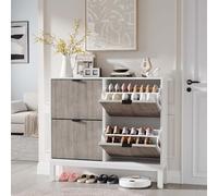 Garvee Zapatero Acanalado con 4 Cajones Abatibles, Organizador Estrecho de Zapatos de Madera con Patas de Metal, Zapatero Oculto de Estilo Rústico Moderno para Entrada y Pasillo, Blanco+Gris