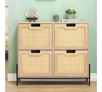 Garvee Zapatero Abatible - Zapatero Entrada Recibidor Estrecho, con Puertas de Rattán Natural y 4 Cajones, Zapatero con 8 estantes, Patas de Metal, Madera Maciza, 100x24x88cm, Color Roble