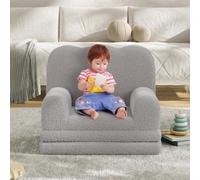 GarveeHome 2-in-1 Convertible Kids Sofa Chair - Soft Sherpa Upholstery - Fold out Toddler Couch & Lounger - Crown Design, Comfortable Sofa Bed - Washable Cover Gray (2106-9)