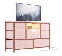 GarveeHome Centro de Entretenimiento con 8 cajones - Mueble TV hasta 55'' - Enchufe y Luces LED - Consola Ancha de Almacenamiento - Superficie de Madera - Dormitorio, salón, Entrada - Color Rosa