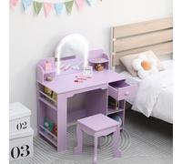 GarveeHome Coiffeuse Enfant Avec miroir LED réglable - Tiroir, étagères ouvertes et bibliothèque - Table Princesse Avec Chaise pour fille 3-9 ANS - Chambre ou Salle de Jeux - Violet Avec Accessoires