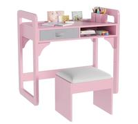 GarveeHome Conjunto Escritorio y Silla Infantil de Madera - Mesa de Estudio con cajones de Tela, portalápices y Taburete Acolchado - Rosa