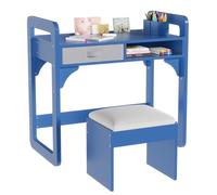 GarveeHome Conjunto Escritorio y Silla Infantil de Madera - Mesa Estudio compacta con cajones de Tela, Soporte para lápices y Taburete Acolchado - Ideal para Dormitorio o Sala de Juegos - Color Azul