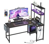 GarveeHome Escritorio de Esquina con iluminación LED, Enchufe Integrado y cajón de Tela | Escritorio de Oficina y Juegos en Forma de L de Madera aglomerada y Tubo de Acero