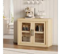 GarveeHome Estilo Mid Century Moderno y funcionalidad - Aparador Buffet de 90 cm con 2 Puertas de Vidrio - Mueble Auxiliar de Madera para Comedor, Cocina o salón -Credenza con Almacenamiento
