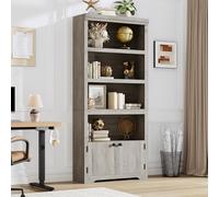 GarveeHome Farmhouse 5-Tier Bookcase with 2 Doors - Adjustable Anti-Slip Shelves, 69'' Tall Storage for Home Office, Living Room, Study - Hand-Grained Grey Carlo, Black Handle, Size W600