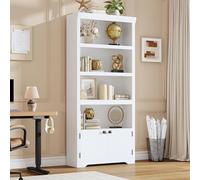 GarveeHome Farmhouse 5-Tier Bookcase with 2 Doors - Adjustable Anti-Slip Shelves, Tall Storage for Home Office, Living Room, Study - Warm White Embossed, Black Handle, Size W600
