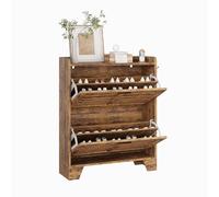 GarveeHome Farmhouse Shoe Cabinet for Entryway, Slim Shoe Storage Organizer with 2 Flip Down Drawers & Hooks, Narrow Wood Hallway Cabinet for Small Spaces, Apartments, Brown