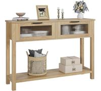 GarveeHome Farmhouse Style Wood Console Table - 2 Glass-Front Drawers - 2-Tier Narrow Entryway or Sofa Table - Open Storage Shelf for Living Room, Hallway, Foyer - 25-Year Natural Wood Color