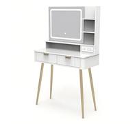 GarveeHome Fluted Vanity Desk with LED Mirror - 3 Light Modes, 2 Drawers, Storage Cabinet, Mid-Century Modern Makeup Table for Bedroom, White - European Standard