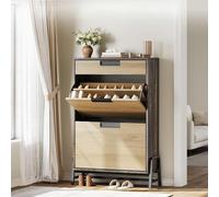 GarveeHome Gabinete Zapatero Delgado con 2 cajones abatibles y 1 cajón - 3 Niveles Ajustables - Mueble para Zapatos Independiente para recibidor, Entrada o Sala - Cuerpo marrón con Frente de cajón
