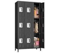 GarveeHome Heavy Duty 9-Door Metal Locker Cabinet - Lockable Steel Storage with 27 Hooks & Ventilated Shelves - Ideal for Office, School, Gym, Black