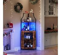 GarveeHome Ilumina tu Bar - Armario Bar Esquinero con Luces LED, 5 Niveles - Botellero, Porta Copas, Estantes Ajustables - Puertas de Malla - hasta 50 Botellas - Clásico con Luz (Fuera de Europea)