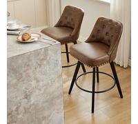 GarveeHome Juego de 2 taburetes de Bar Modernos 66 cm, Asiento Giratorio 360°, Respaldo capitoné, tapizado en Piel sintética, reposapiés y Estructura de Madera, Color PU | Brown