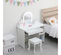 GarveeHome Kids Vanity with Lighted Mirror, 2 In 1 Little Girls Vanity Table & Stool, Kids Makeup with Drawer & Open Shelves for 3-9 Yrs Girls, White
