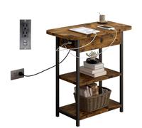 GarveeHome Mesa auxiliar estrecha con estación de carga, mesita de noche abatible con puertos USB y tomas, mesa auxiliar de sofá de 3 niveles con estantes para espacios pequeños, sala de estar