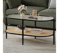 GarveeHome Mesa de Centro Ovalada de 2 Niveles con Tapa de Cristal Estriado, Mesa Auxiliar con Estante de ratán, mesas de café con Estructura de Metal, para salón, 95 x 50 x 46 cm