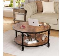 GarveeHome Mesa de Centro Redonda Amplio, 72x72x48 cm, Estilo Vintage Europeo, 2 Niveles con Estante Abierto, Estructura metálica y Madera Maciza, 72CM